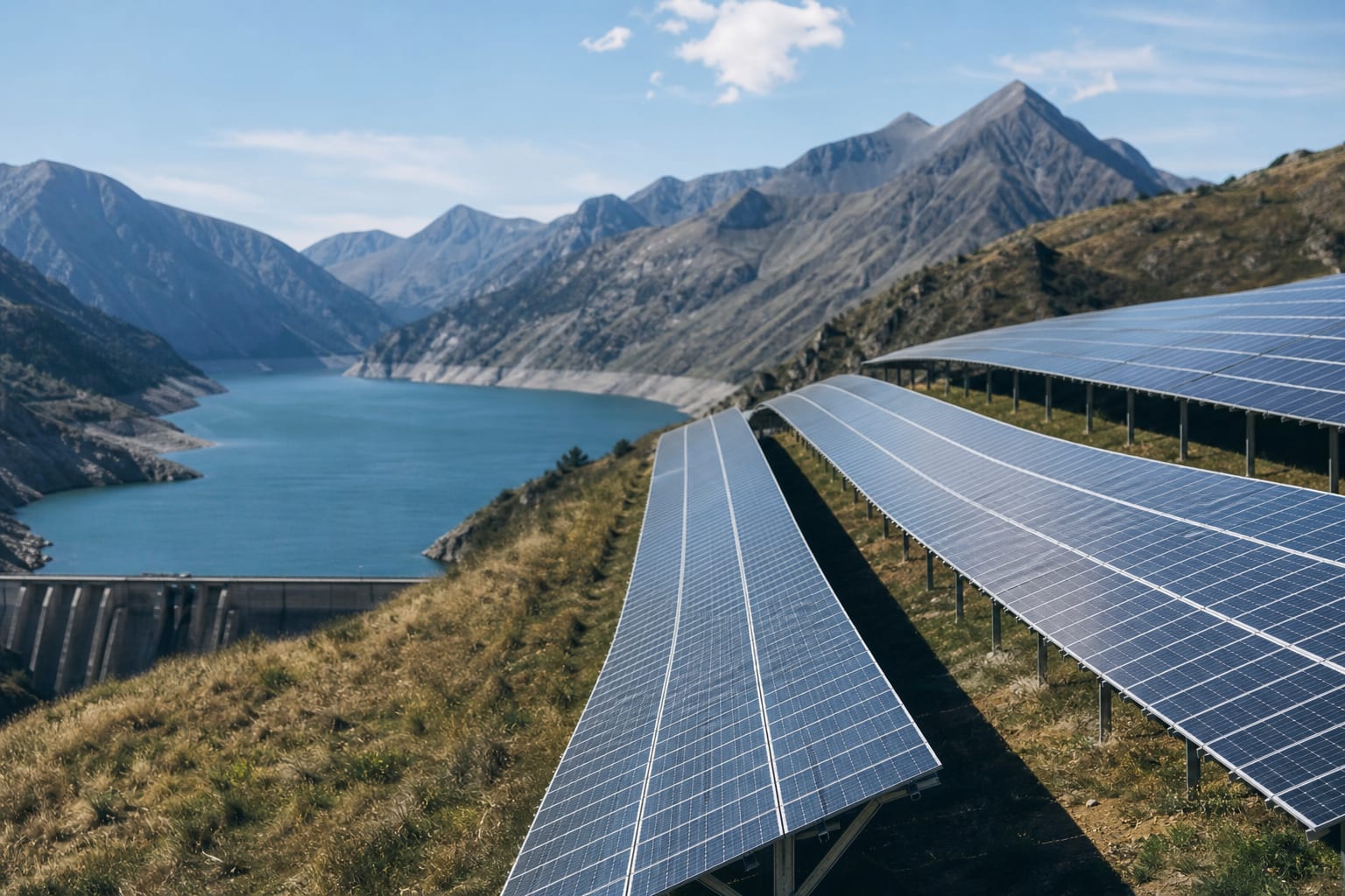 Panneaux solaires dominant un barrage hydroélectrique dans un paysage alpin français.