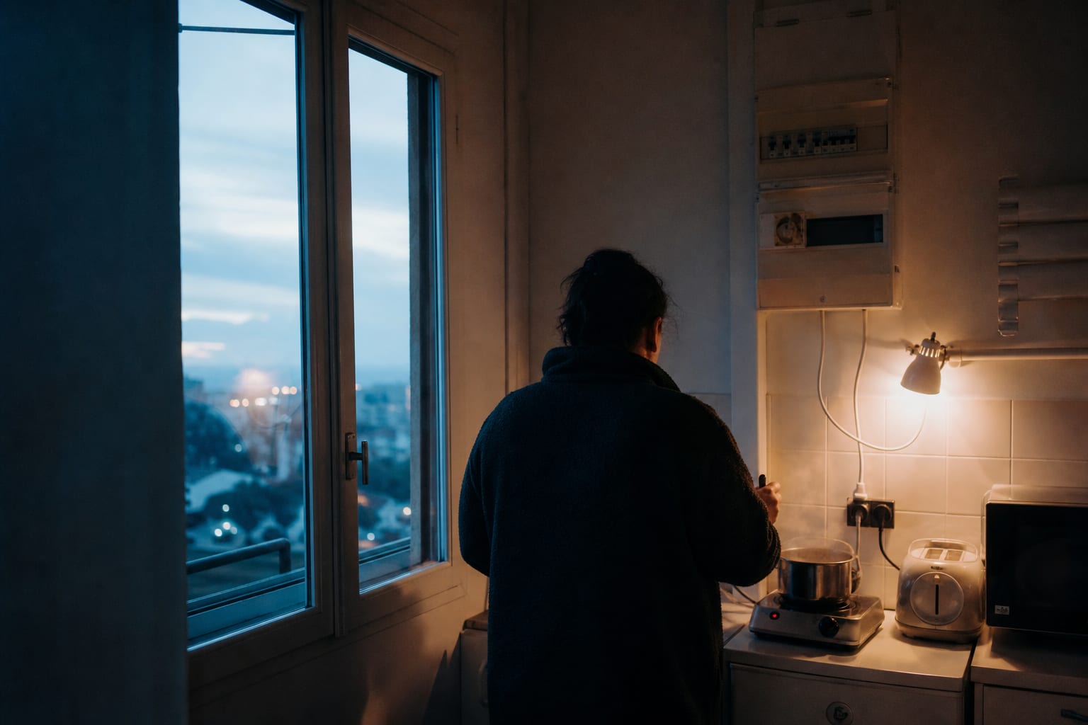 Résident cuisinant avec une puissance électrique limitée un soir d’hiver.
