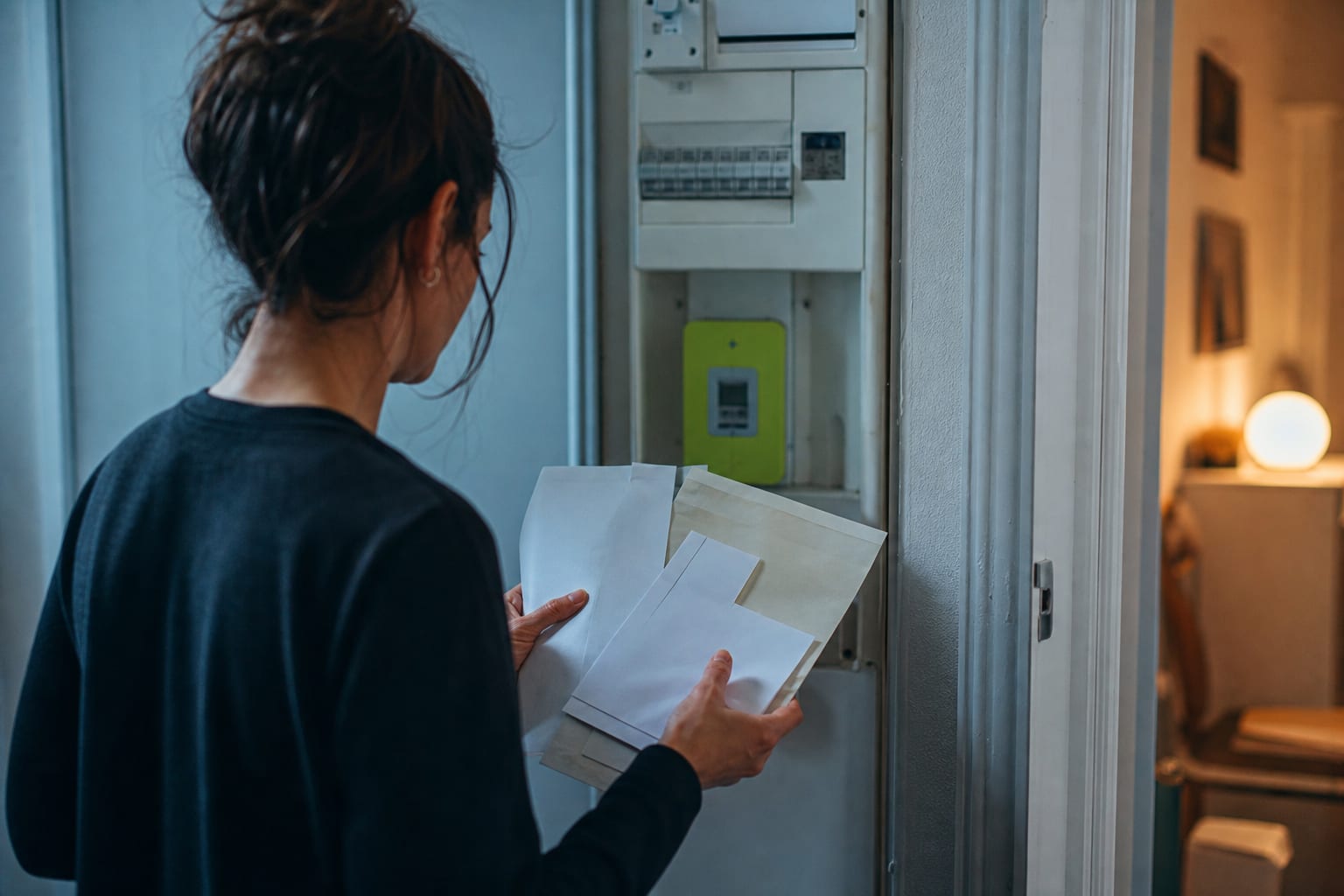 Locataire vérifiant son ancien contrat près du compteur électrique.