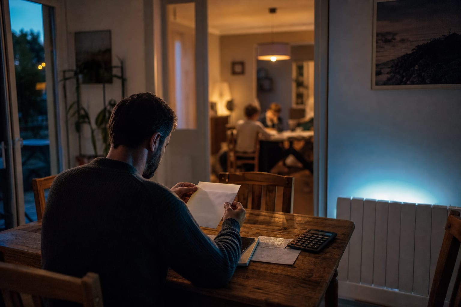 Habitant ouvrant une facture près d’un radiateur électrique allumé au crépuscule.