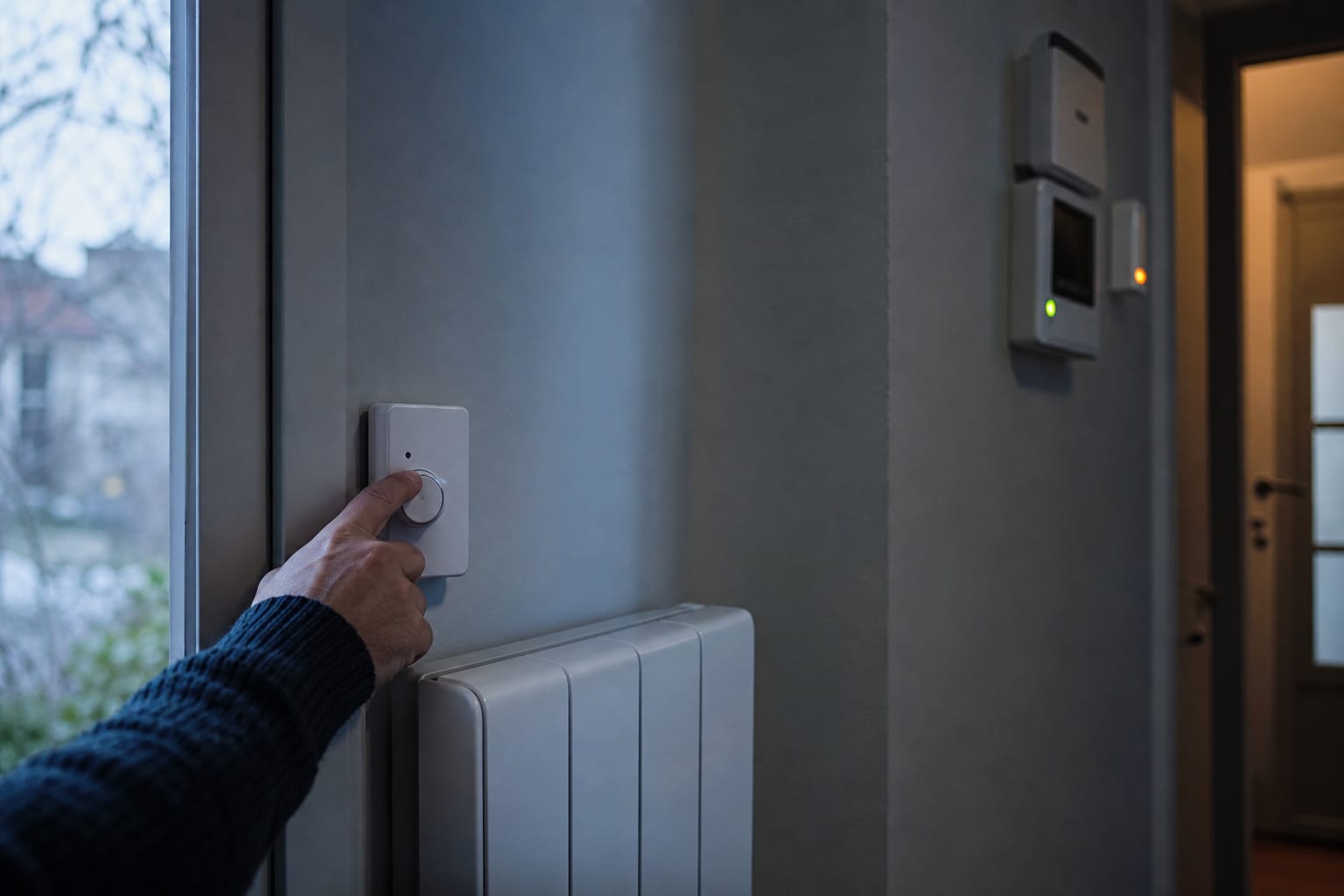 Main réglant le chauffage électrique près d’un compteur dans un couloir.