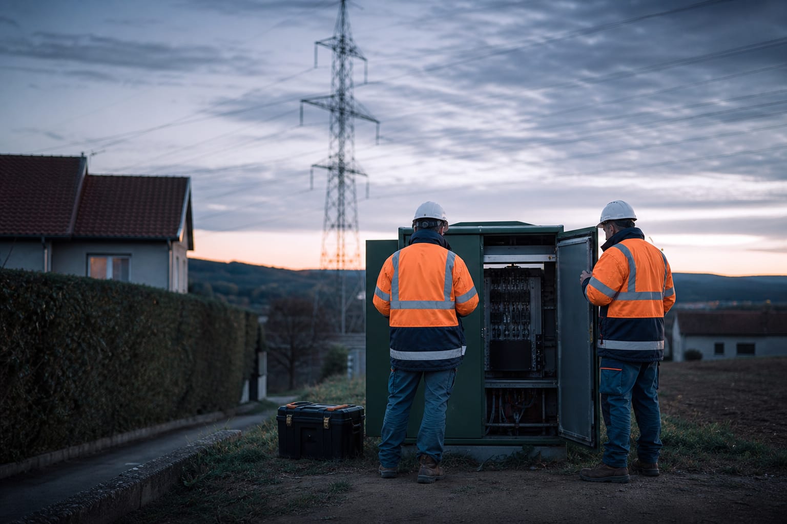 Techniciens devant un coffret électrique sous une ligne à haute tension.