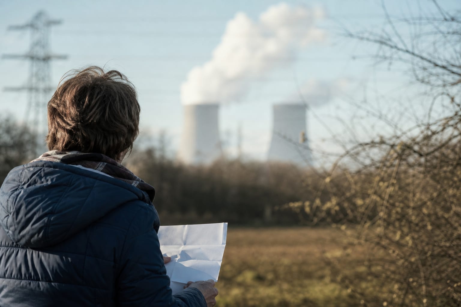 Silhouette tenant une facture devant une centrale nucléaire et des lignes électriques.